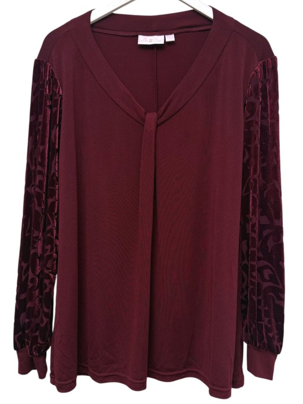 Belle Kim Gravel Top Plus Size 1X Burgundy Red Velvet Sleeve Stretch Holiday